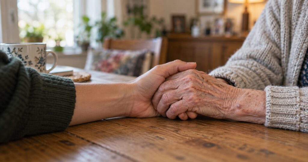 Angehöriger hält Hand einer Demenz-Erkrankten