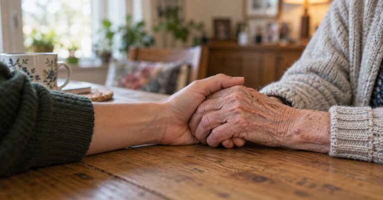 Angehöriger hält Hand einer Demenz-Erkrankten